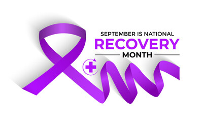 National Recovery Month is observed every September in the United States to raise awareness about mental health and substance use.Calligraphy Realistic Teal Ribbon. Banner poster, flyer and background