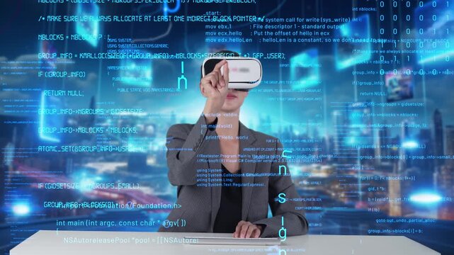 IT developer typing computer code for analyzing intelligent website development coder system data selection by VR innovation interface digital network technology visual hologram server. Contraption.