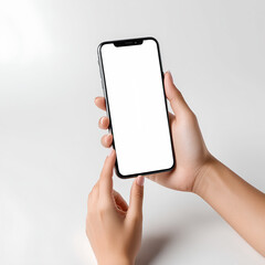  Hand woman work using smartphone with white background for advertising, smartphone screen blank mockup, clipping path.