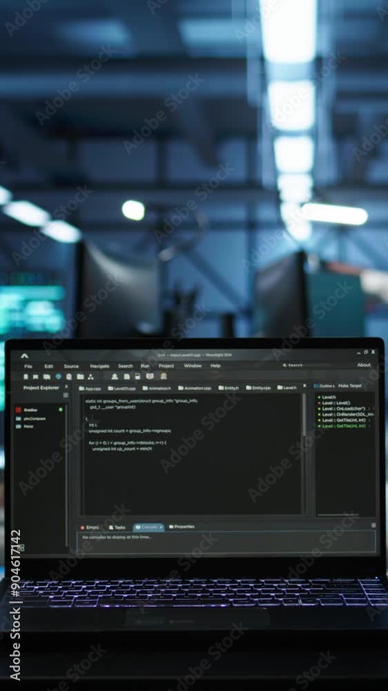 Poster vertical video close up of code running on laptop screen in data center used for managing gear energ