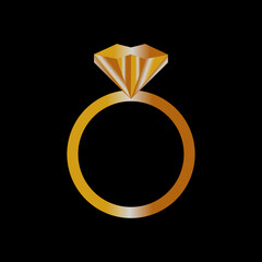 Gold ring with a diamond on a black background. Vector illustration.