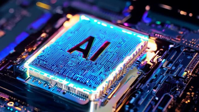 AI glowing microchip colorful computer chip processor computation power machine learning silicon hi-tech powerful imagination creativity tech technological computing progress development technology