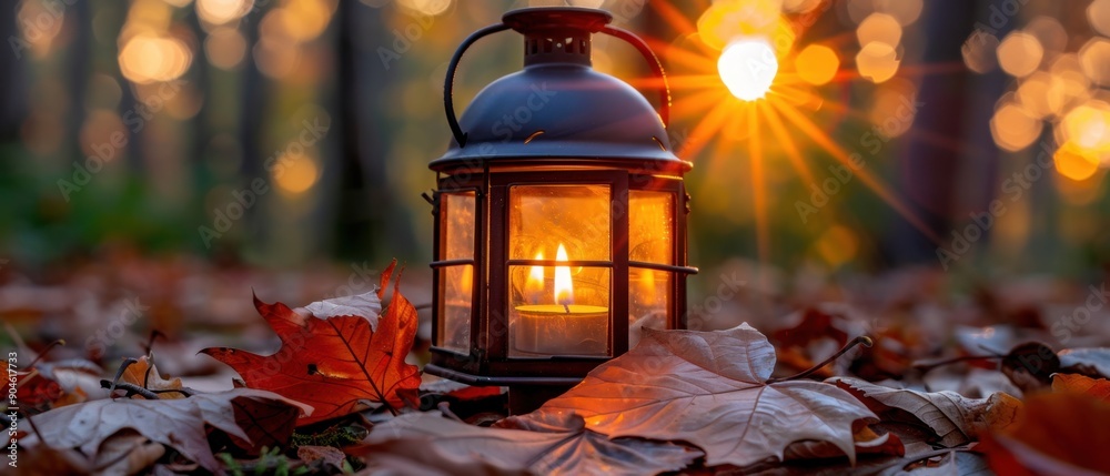 Wall mural vintage lantern glowing amidst fallen autumn leaves in a serene forest setting, capturing the essenc