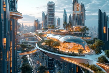 Futuristic Cityscape with Elevated Gardens