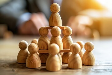 Teamwork Makes the Dream Work: Wooden figurines forming a pyramid, symbolizing collaboration, unity, and leadership. A powerful visual representation of collective effort and success. 
