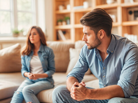 Ap&oacute;s uma briga, casal sentado no sof&aacute; em sil&ecirc;ncio, olhando em dire&ccedil;&otilde;es opostas. A cena reflete a tens&atilde;o e o distanciamento emocional