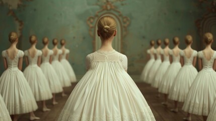 Ballet Dancers in Rehearsal, a harmonious scene of dedicated dancers practicing their art, displaying grace and focus in a serene, minimalist studio environment.