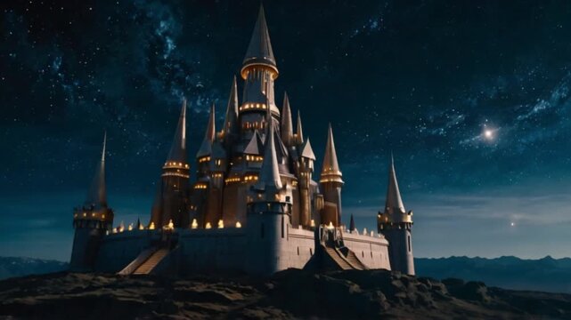 A grand space castle floating among the stars, with glowing turrets and a protective energy shield