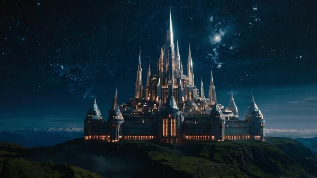 A grand space castle floating among the stars, with glowing turrets and a protective energy shield