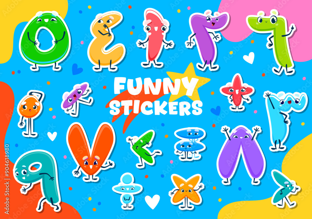 Poster Arabic numbers numeral characters stickers. Isolated cartoon vector patches feature colorful, anthropomorphic arab digits from 0 to 9. Playful educational symbols for kids arithmetic counting learning