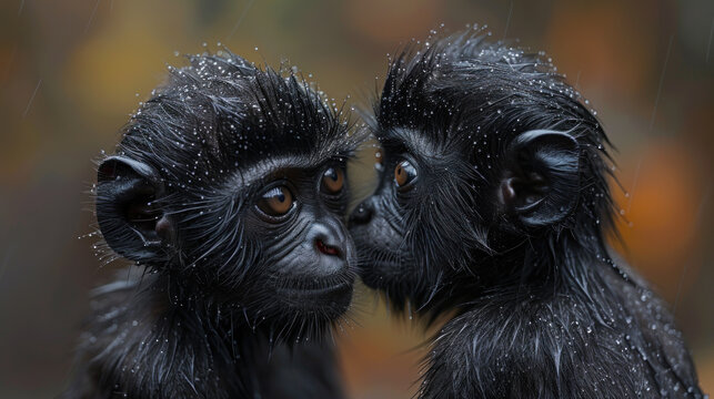 Two Monkeys Back-to-Back in Lush Green Foliage - Nature and Companionship Theme