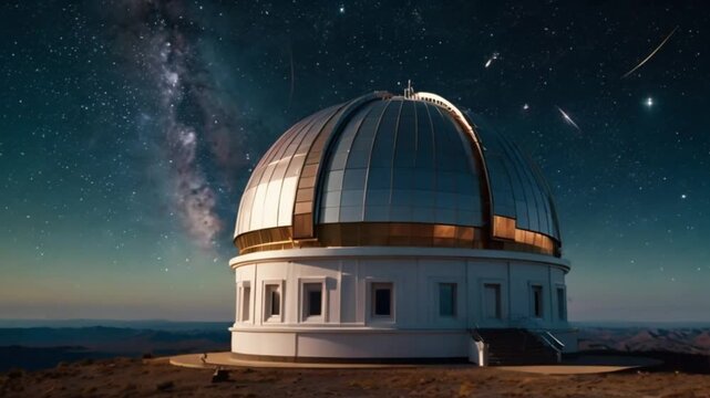 A magical observatory in space, with giant telescopes, star maps, and glowing constellations in the background