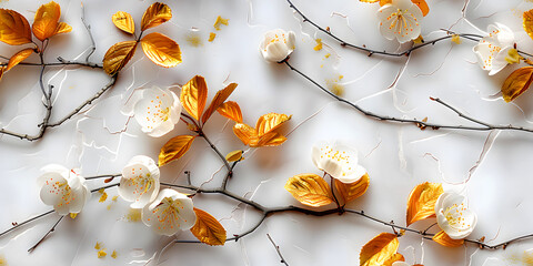 Seamless 3D White, Yellow Spring Cherry Blossom Autumn Leaves and Flowers With Branches on a Light Background. Abstract Floral 3D Landscape Wall Sticker. HD Seamless Wallpaper