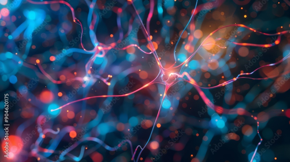 Poster creating a visual abstract neural network featuring colorful connections and a futuristic glow