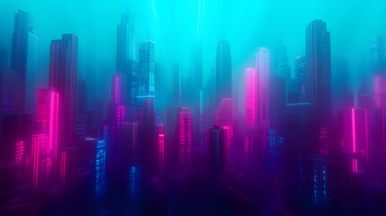 Bustling underwater city center with merfolk neon signs