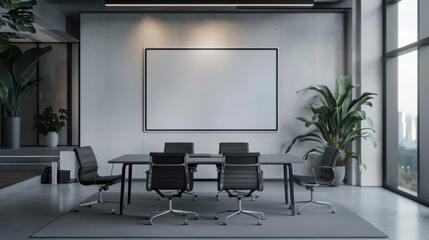 Conference room Office meeting room presentation style Minimalist design sized Large Room Empty big screen Frame Mockup black chair cement wall background