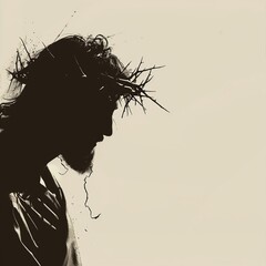 A graceful silhouette of Jesus with a crown of thorns against a simple, light-colored backdrop. Includes a large blank space on the left for inspirational text or scripture quotes