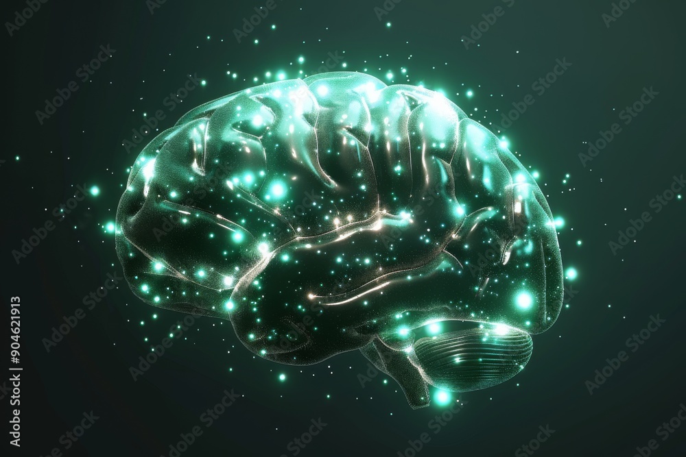 Sticker Luminescent green brain in digital cosmos highlights futuristic neural networks and cognitive maps.