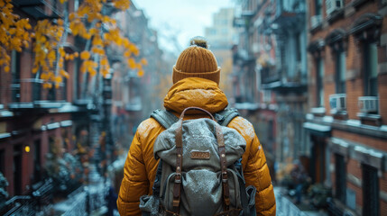 Person in Gray Beanie with Brown Backpack Walking Through Cobblestone Street