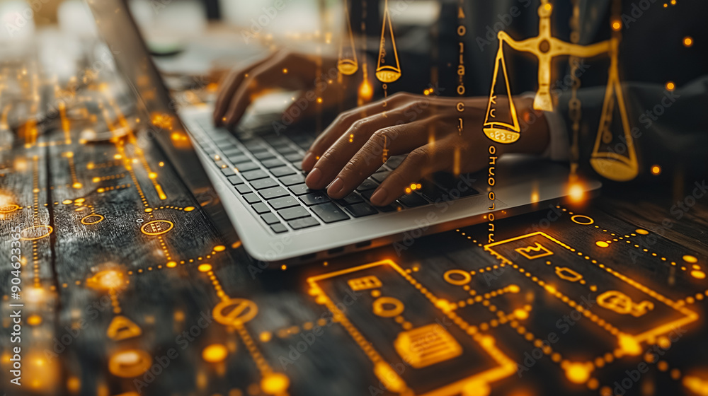 Poster a person is typing on a laptop with a lot of lines and shapes on the screen. concept of complexity a