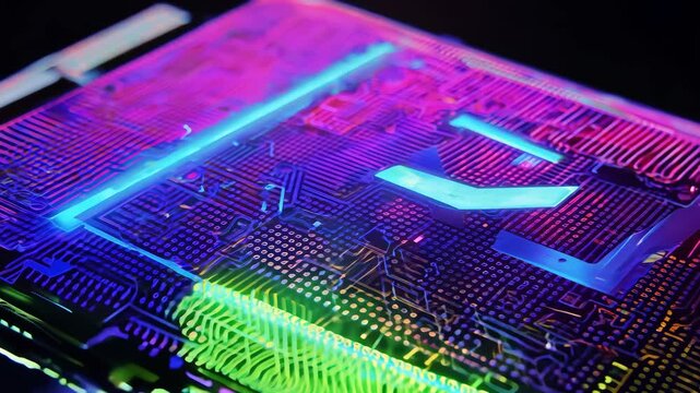 AI glowing microchip colorful computer chip processor computation power machine learning silicon hi-tech powerful imagination creativity tech technological computing progress development technology