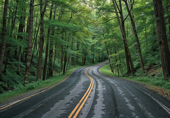 Fototapeta premium Empty Two Lane Country Road Curving Through a Lush Green Forest