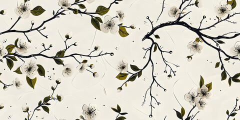 Seamless 3D White Spring Cherry Blossom Autumn Black Leaves and Flowers With Branches on a Light Background. Abstract Floral 3D Landscape Wall Sticker. HD Seamless Wallpaper
