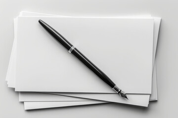 A stack of blank white paper and a pen on a table, in a top view, close up, as a flat lay, with a white background, as a mockup design template.