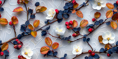 Seamless 3D White Spring Cherry Blossom Autumn Brown, Black, and Red Leaves and Flowers With Branches on a Light Background. Abstract Floral 3D Landscape Wall Sticker. HD Seamless Wallpaper