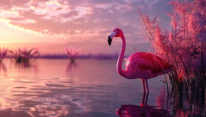 Fototapeta premium Pink flamingo standing in water with grass and reeds in background in beautiful nature scene for travel and wildlife lovers