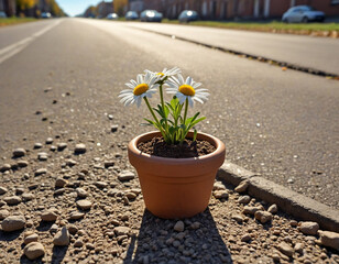 A micro-tiny clay pot full of dirt with a beautiful daisy planted in it, shining in the autumn sun on a road in an abandoned city - generated by ai