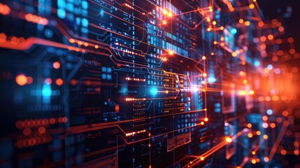 AI-powered cybersecurity fortress with glowing data walls defending against cyber threats.