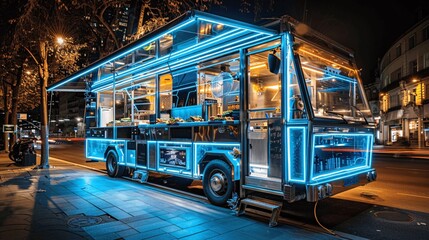Fototapeta premium Modern Food Truck with Transparent Cooking Stations and Glowing Street Food for a Stylish and Innovative Dining Experience.