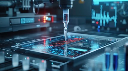 An advanced AI diagnostic device performing a real-time analysis of a sample, with high-tech visualizations and data output.