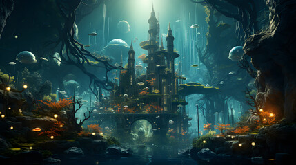 Futuristic underwater cityscape with towering skyscrape