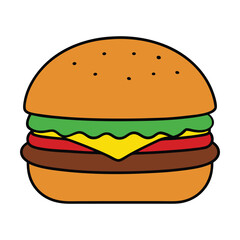 full of flavor appetizing burger covered with sesame seeds with beef cutlet, yellow cheese, red tomato, lettuce, cucumber, bun with a crispy crust, vector illustration on white background isolated
