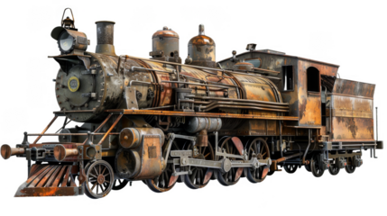 An old train with rusted wheels and a black smoke stack