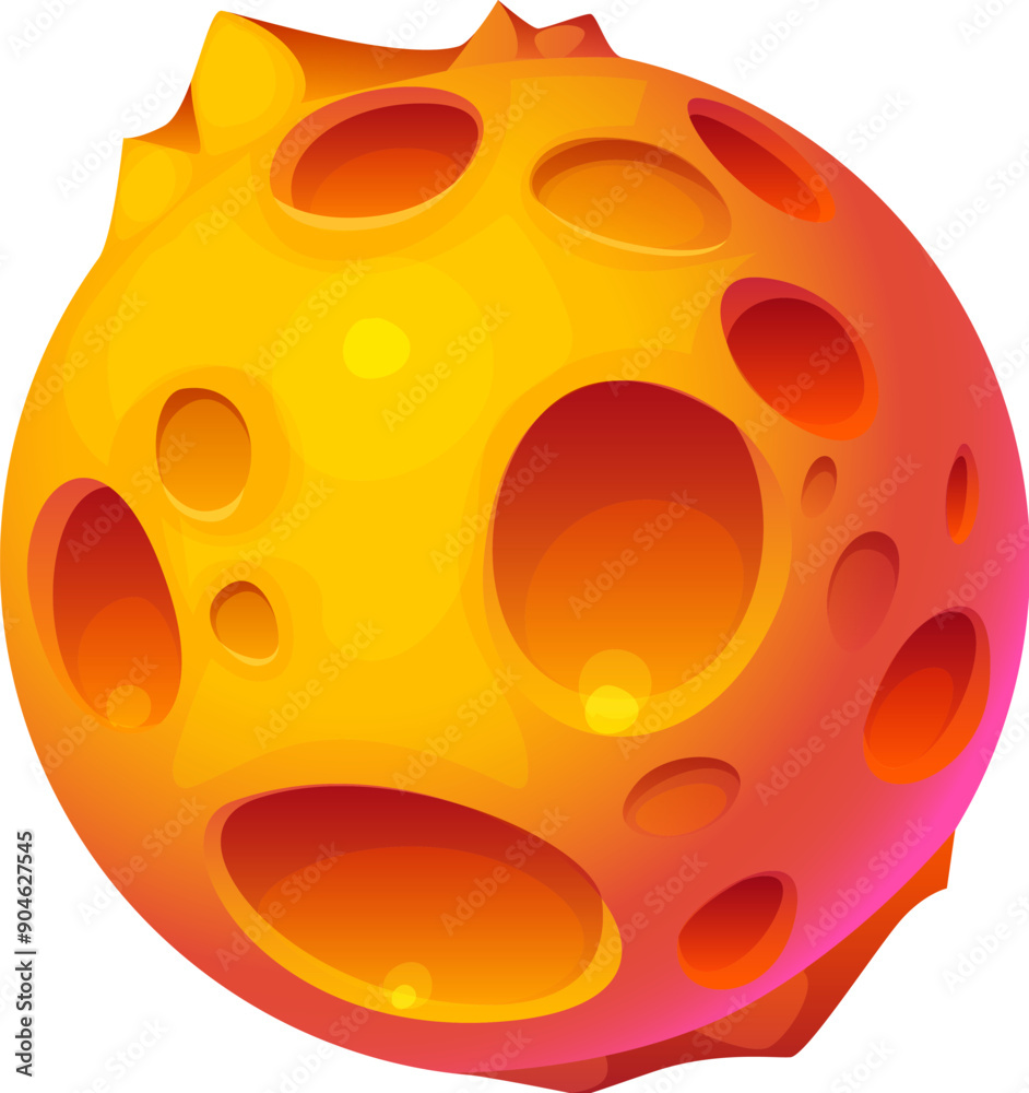 Poster cartoon fantasy galaxy alien space planet. vector yellow sphere with large craters. moon globe glowi