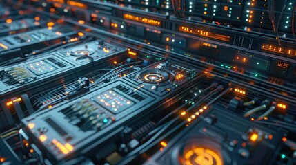 An advanced AI system managing a complex data center with rows of servers and glowing LED indicators.