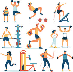 Outdoor Sports Activities, Vector Illustrations of Men and Women Exercising for Health and Strength, Featuring Yoga, Stretching, and Fitness Routines in Flat Cartoon Style