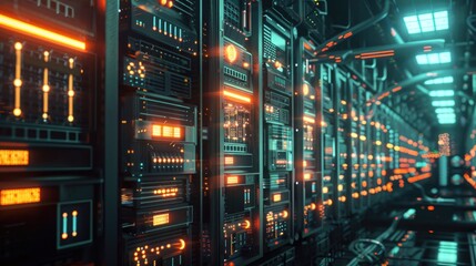 An advanced AI system managing a complex data center with rows of servers and glowing LED indicators.