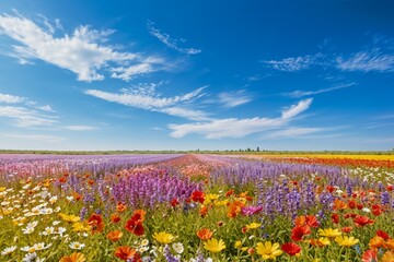 Fototapeta premium A wide field of blooming wildflowers under a clear blue sky, creating a bright and cheerful scene perfect for spring and summer themes. 