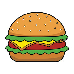 full of flavor appetizing burger covered with sesame seeds with beef cutlet, yellow cheese, red tomato, lettuce, cucumber, bun with a crispy crust, vector illustration on white background isolated