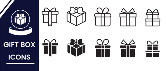 Set of Gift, presentation box line icon, vector, silhouette.  Christmas gift box icon illustration. Gift box with ribbon, gift box vector, icon, silhouette. Gift wrapping, Vector illustration.