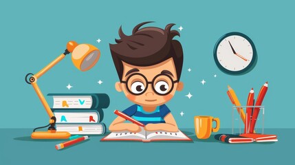 Cartoon vector student writing exam dates and study schedules on a desk calendar