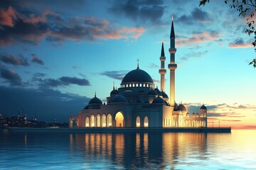 Fototapeta premium Illuminated Mosque on the Waterfront at Sunset