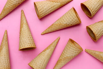 Waffle cones on pink background