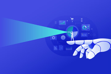 AI Strategy for Digital Marketing concept illustration background banner, Ai Robot hand and businessman vision