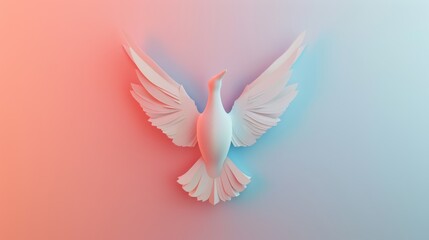 Fototapeta premium White Dove, Symbol of Hope and Peace: A minimalist 3D render of a white dove soaring against a soft pink backdrop, its wings outstretched in a symbol of hope, peace, and new beginnings.