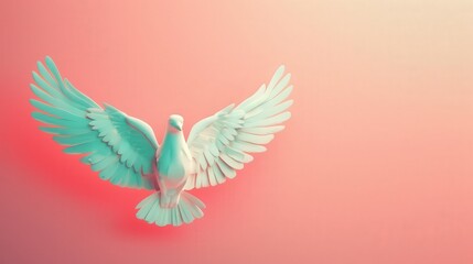 Obraz premium White Dove, Symbol of Hope and Peace: A minimalist 3D render of a white dove soaring against a soft pink backdrop, its wings outstretched in a symbol of hope, peace, and new beginnings.